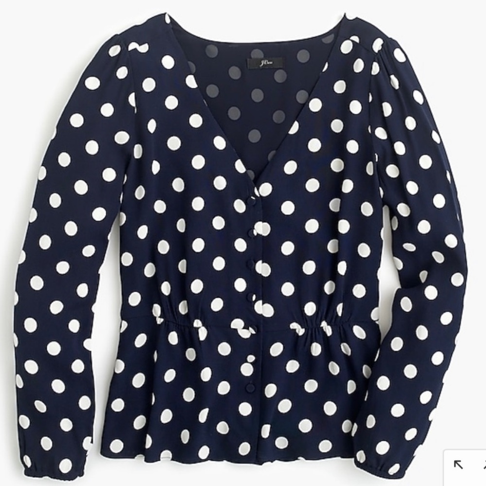 J Crew Peplum Polka Dot V Neck Top Navy